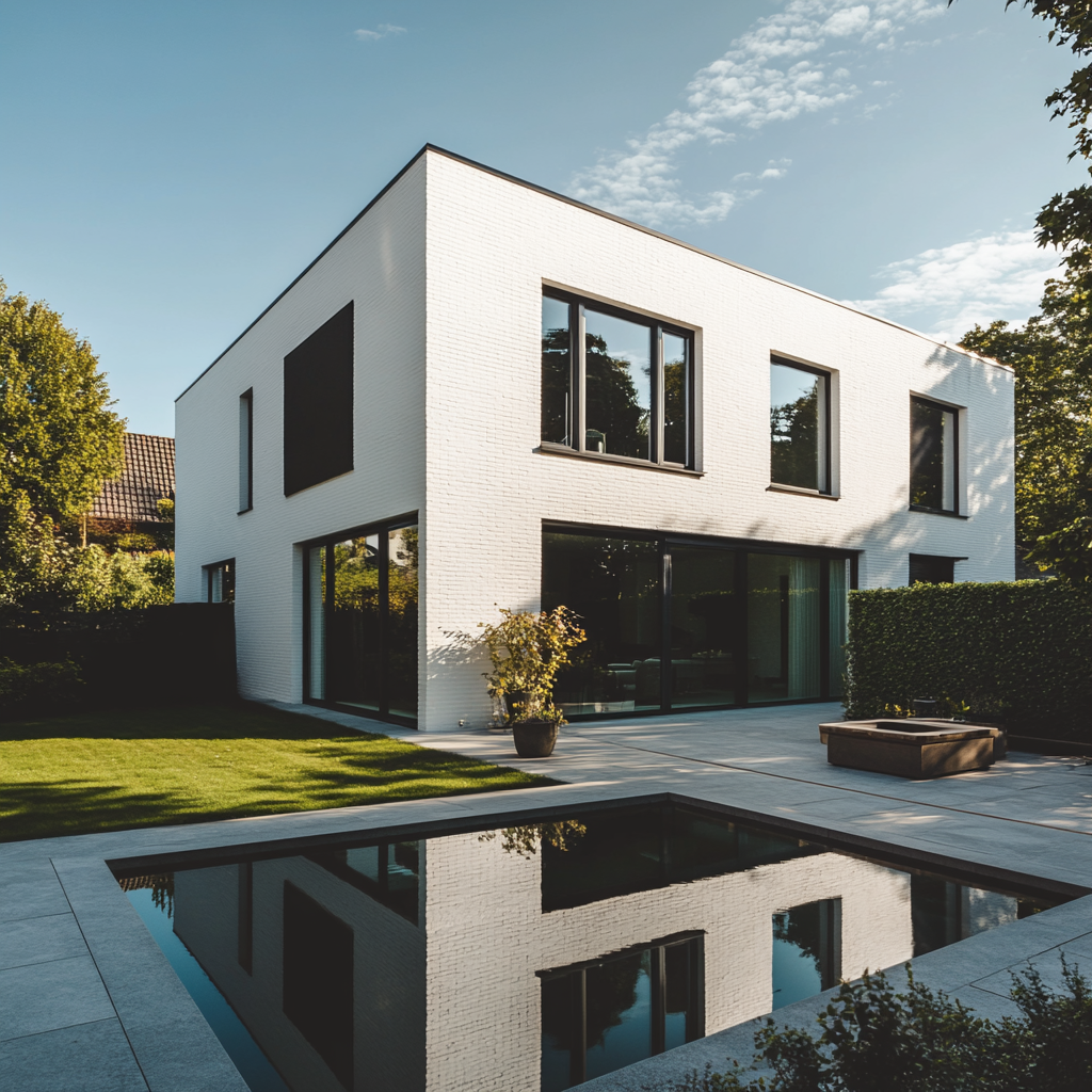 Strakke moderne woning met grote aluminium ramen en schuiframen aan tuinzijde