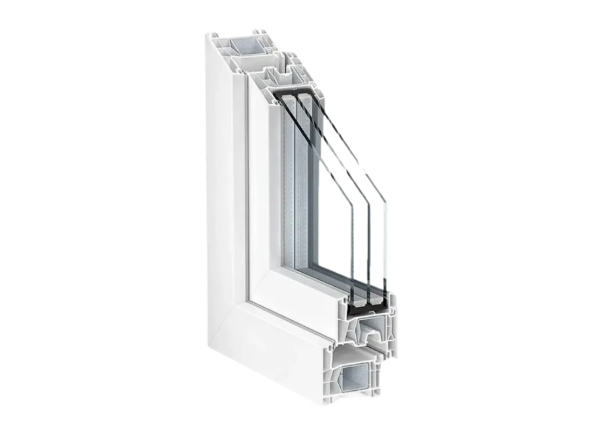 Doorsnede van het KÖE76 kunststof kozijnprofiel met drievoudige beglazing